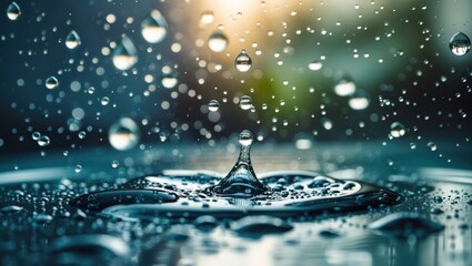 Poster - Close-up of natural water droplets on glass surface creating ripples and reflections in soft light showcasing beauty of nature.