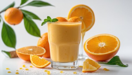 Poster - Refreshing Orange Smoothie in Glass with Fresh Oranges on White Background