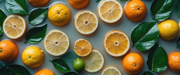 Poster - Citrus Fruits Oranges Lemons Surrounded By Green Leaves Floating In Water Ideal For Summer Party Cocktails And Refreshing Beverages