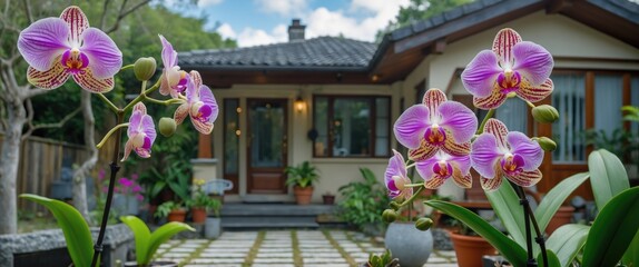 Poster - Orchid Flowers Blooming In A Cozy Garden Setting With A Charming House And Clear Space For Text Overlay