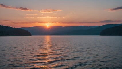 Poster - Serene Summer Sunset Reflected on Tranquil Lake with Scenic Mountains and Clear Skies Ideal for Background Text or Visual Elements