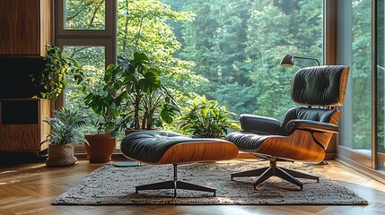 Poster - Relaxing in leather armchair, forest view, sunlit room, home interior design