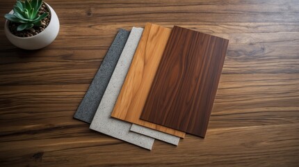 Poster - Laminate veneer material samples arranged on a wooden desk with a succulent plant showcasing diverse textures and colors for interior design.