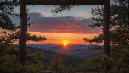 Poster - Stunning Sunset Framed by Pine Trees over Mountainous Landscape in Vibrant Orange and Purple Sky