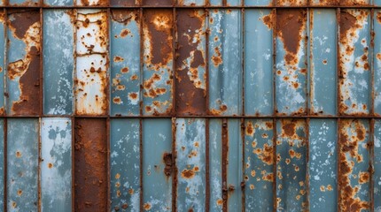 Poster - Rusty zinc wall texture with peeling paint and oxidation, perfect for industrial or vintage design backgrounds and texture overlays.