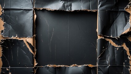Poster - Ripped Torn Black Cardboard Frame on Grunge Background for Artistic Overlay and Collage Textures with Distressed Aesthetic Appeal