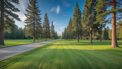 Poster - Lush Green Lawn with Tall Fir Trees Flanking a Scenic Road Under a Clear Blue Sky in a Nature Park Setting with Space for Text