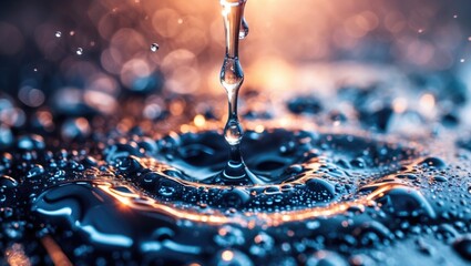 Poster - Macro shot of shimmering water droplets creating concentric ripples on a reflective surface with ambient light highlights.