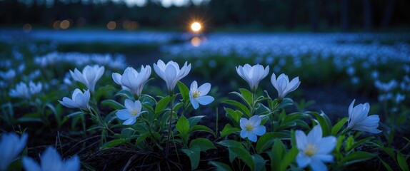 Poster - Marsh Labrador Tea Flowers Blooming Under Moonlight With Soft Bokeh Background And Space For Text Overlay