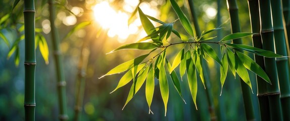 Poster - Sunlit Bamboo Leaves Close-Up in Morning Light with Soft Focus Background and Space for Overlay Text