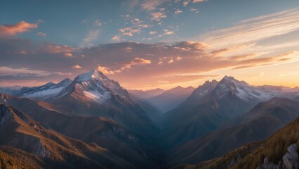 Poster - Majestic Mountain Landscape Illuminated by Sunrise with Dramatic Clouds and Serene Valleys in the Background