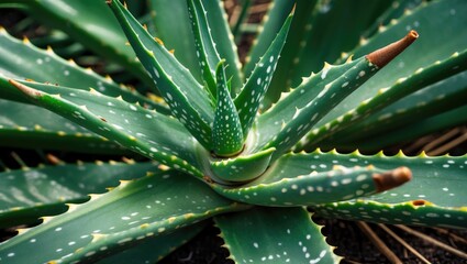 Poster - Macro Shot of Aloe Vera Plant Leaves with Texture and Copy Space for Text Use