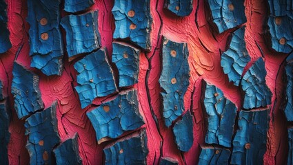 Poster - Vibrant close-up of textured tree bark with unique blue and pink patterns showcasing natural beauty and artistic design elements.