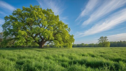 Poster - Lush Green Meadow Under Bright Blue Sky with Majestic Tree Showcasing Fresh Leaves and Serene Landscape in Natural Light