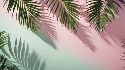 Poster - Tropical Palm Leaves Casting Shadows On Soft Gradient Pink And Mint Background With Copy Space For Text Or Design Use