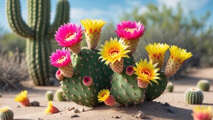 Poster - Colorful Cactus Flowers in Desert Landscape Featuring Pink and Yellow Blooms with Sandy Background and Space for Text Overlay
