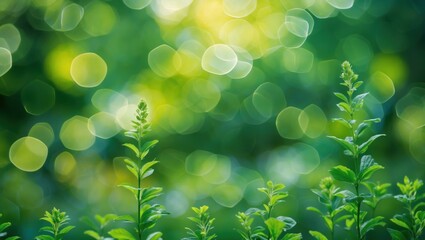 Poster - Lush green bokeh background creating a serene atmosphere ideal for wallpapers and decorative purposes in various design projects.