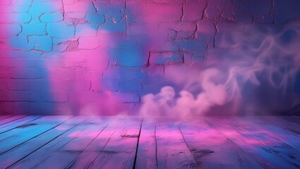 Poster - Neon pink blue violet abstract wall texture with soft focus smoke light and shadow creating an artistic backdrop for creative projects