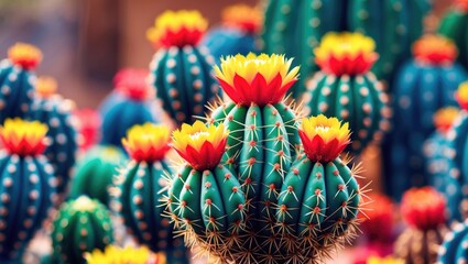 Poster - Vibrant Macro Shot of Colorful Cacti with Bright Flowers and Blurred Background for Text Space and Nature Themes