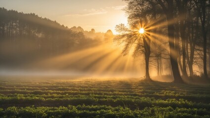 Poster - Golden Sunrise Shining Through Foggy Rural Fields With Sunrays Emerging From Trees Creating A Serene Natural Landscape Background
