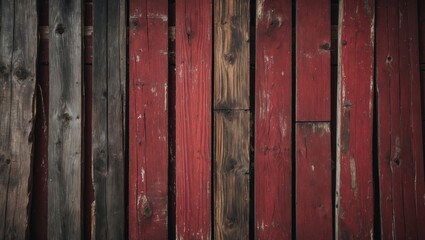 Poster - Vintage distressed wooden boards in dark red and black hues creating a textured rustic background for design projects.