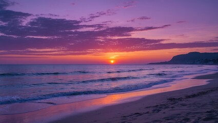 Poster - twilight serenity at the beach: vibrant purple sky and sunset reflecting on calm sea waves at dusk