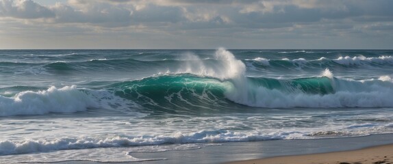 Poster - majestic ocean wave breaking on tranquil beach with gentle shoreline and serene sky at dusk