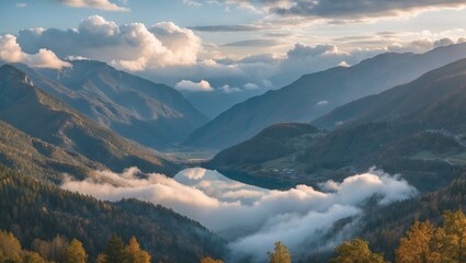 Poster - Serene Mountain Landscape with Valley and Cloud Reflections Over Water, Featuring Forested Slopes and Distant Reservoir in Summer Light.