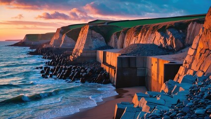 Poster - coastal erosion defenses at spurn point during glorious dawn light with dramatic sky and waves.