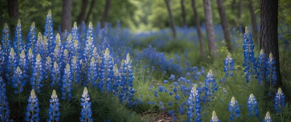 Poster - Vibrant Blue Lupins in a Serene Forest with Lush Greenery and Empty Space for Text in a Tranquil Summer Setting