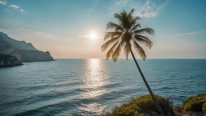 Poster - Serene coastal landscape with a palm tree at sunset and tranquil sea, featuring open space for text or graphic overlay