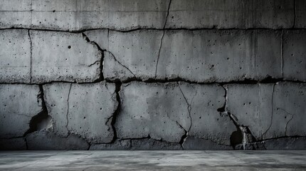 Poster - Grungy textured gray concrete wall with deep cracks highlighting age and wear in a minimalist interior setting for design concepts.