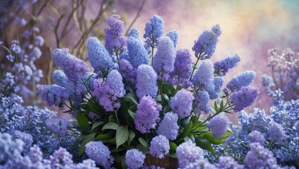 Poster - Lilac Blue Fluffy Wildflowers in Soft Focus Floral Background with Empty Space for Text Perfect for Vintage Styled Designs