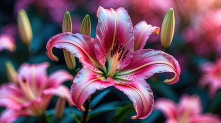 Poster - Vibrant pink lily flower in soft focus showcasing delicate petals with blurred floral background in an artistic macro perspective.