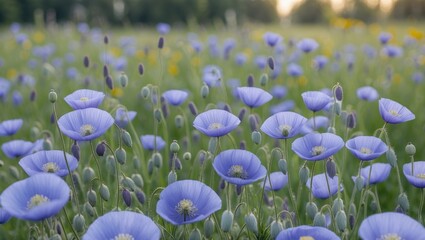 Poster - Meadow Filled With Beautiful Lilac Poppy Flowers Bathed In Soft Warm Light During Early Summer Season In The Palatinate Region