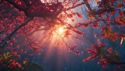 Poster - Morning sunlight filtering through vibrant branches creating a serene atmosphere with ample space for text or graphics in a tranquil forest scene