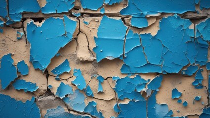 Poster - Peeling blue paint texture on a weathered wall showcasing cracked and flaking surfaces in an aged and artistic manner.