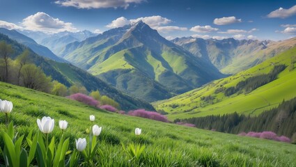 Poster - Breathtaking Spring Mountain Landscape with Lush Greenery and Vibrant Flowers in a Serene Valley Scene