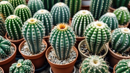 Poster - Variety of Vibrant Green Cacti Displayed in Flower Pots with Distinctive Spines and Textures.