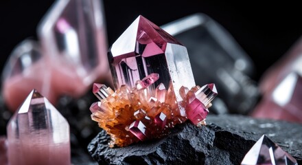 Poster - Macro shot of vibrant pink Tourmaline crystals atop Lepidolite with a black background showcasing intricate mineral textures and colors.