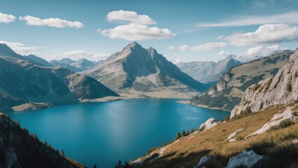 Poster - Scenic Mountain Landscape with Serene Lake and Clear Blue Sky Featuring Ample Empty Space for Text or Graphics