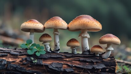 Poster - Mushrooms growing on a decaying log surrounded by greenery in a serene natural forest setting
