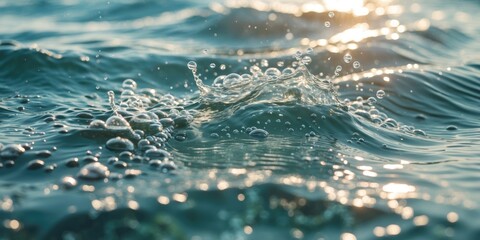 Poster - Calm Water Surface With Bubbles And Splashes Under Sunlight Creating A Tranquil Abstract Background With Space For Text Overlay