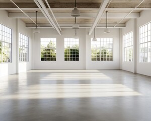 Wall Mural - Bright Contrast: A warehouse interior with white metal beams and natural light streaming through large windows, highlighting the concrete flooring. 8