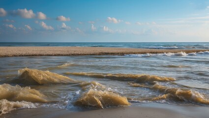 Poster - serene beach landscape with gentle waves and clear blue skies overlooking a vast ocean horizon