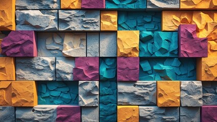 Poster - Geometric arrangement of colorful textured stone and brick panels for decorative interior and exterior design applications. Abstract background.
