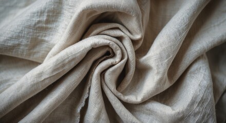 Poster - Natural beige linen fabric texture with subtle wrinkles and folds, ideal for design, upholstery, and textile backgrounds.