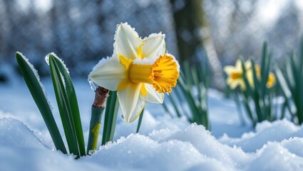 Poster - Yellow daffodil blooming in the snow showcasing a contrast of delicate flowers amidst a winter landscape in a garden setting.