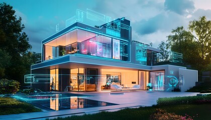 Poster - A modern, futuristic house at dusk, showcasing innovative design with vibrant lighting. Clear glass, open spaces, and a beautiful garden create a stunning visual experience.