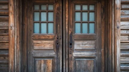 Poster - weathered wooden double door with vintage charm showcasing rustic elegance and classic design detail